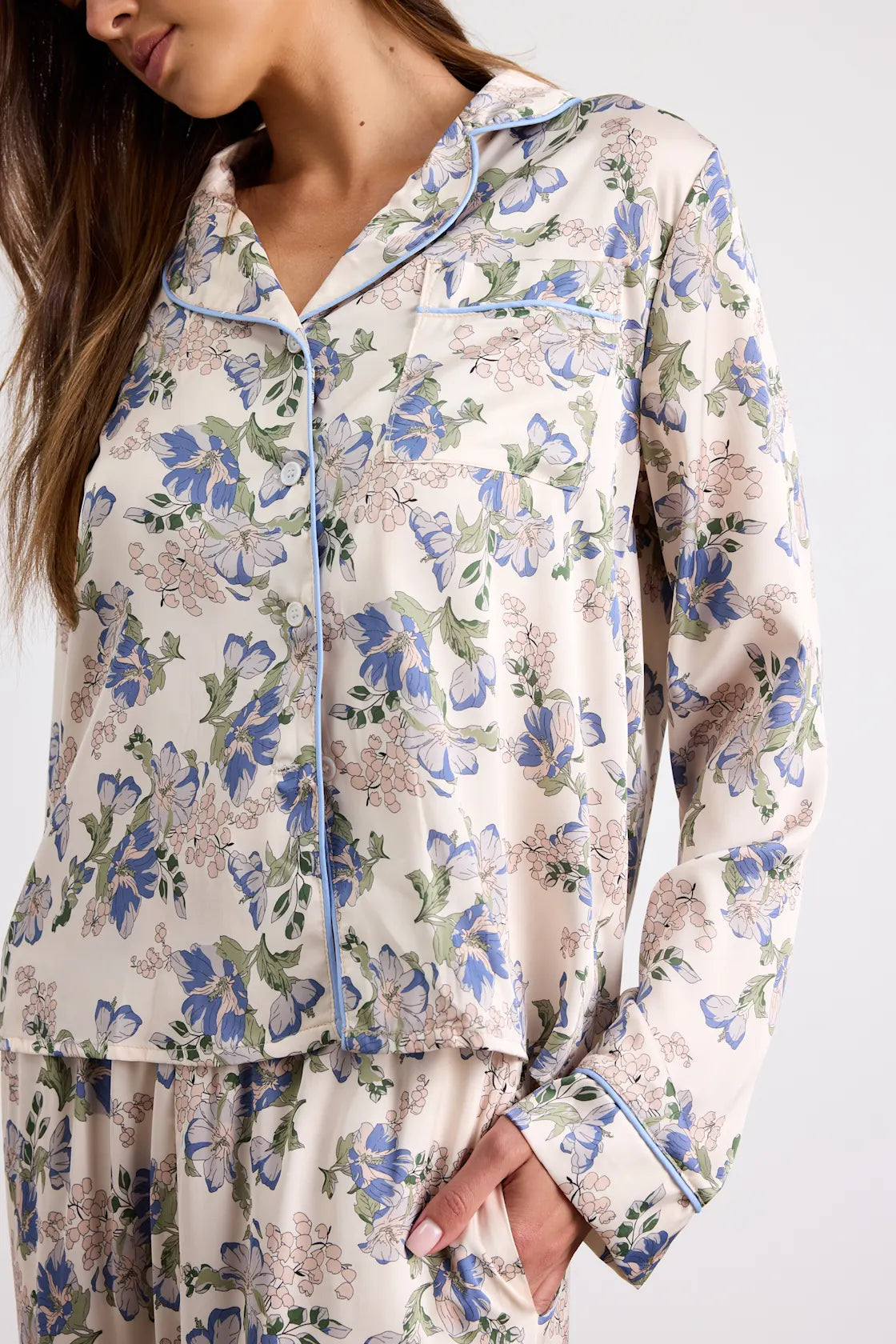 Galette Cream Multi Floral Satin Two-Piece Pajama Set