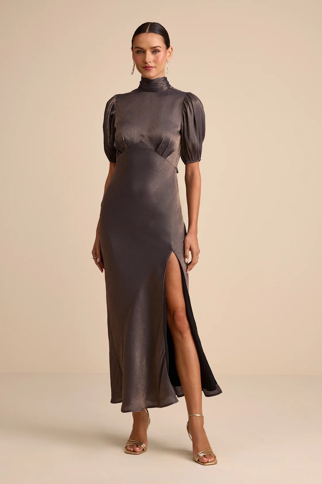 alira Light Blue Satin Lurex Mock Neck Cutout Maxi Dress