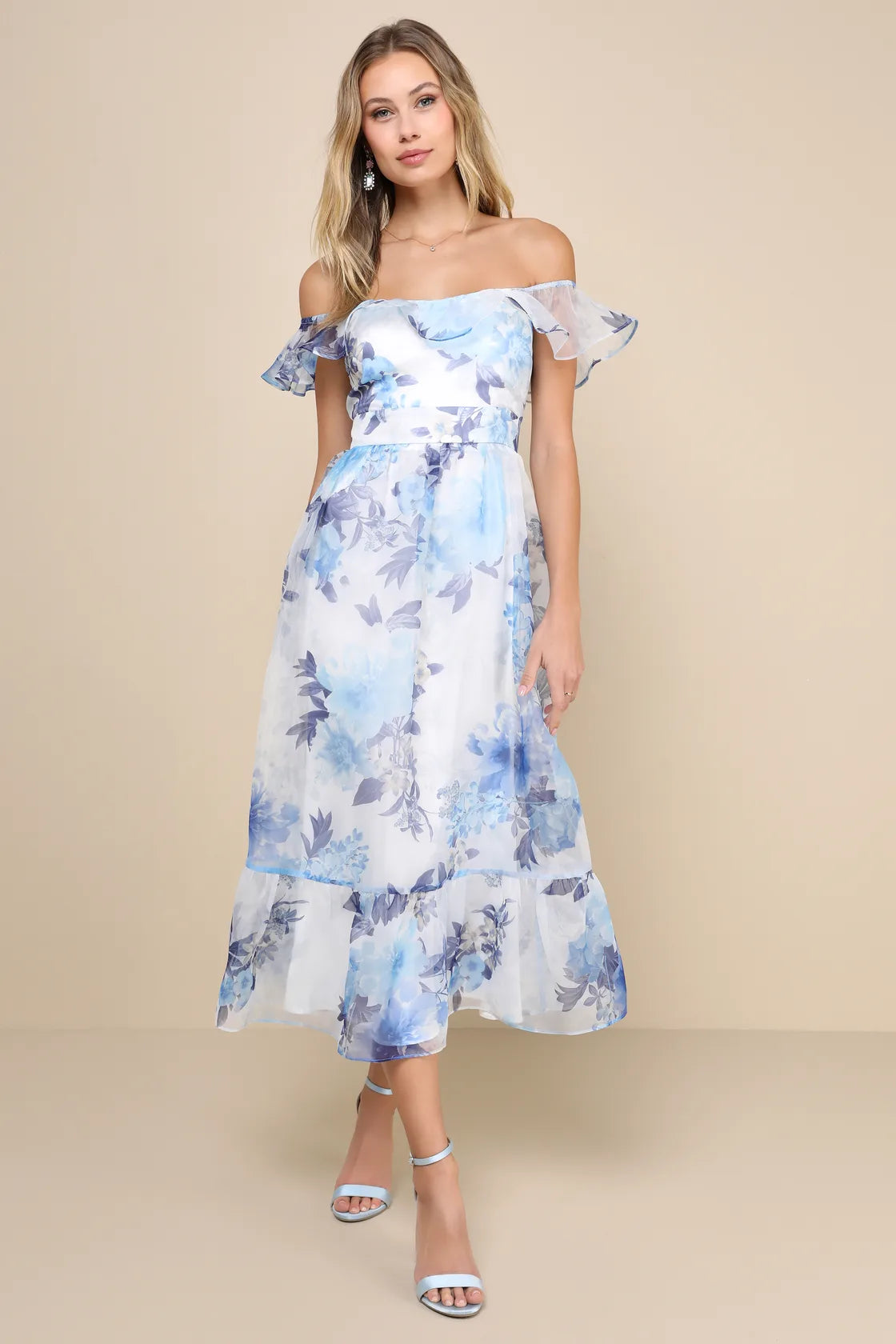 Sweet Composure Plum Floral Organza Off-the-Shoulder Midi Dress