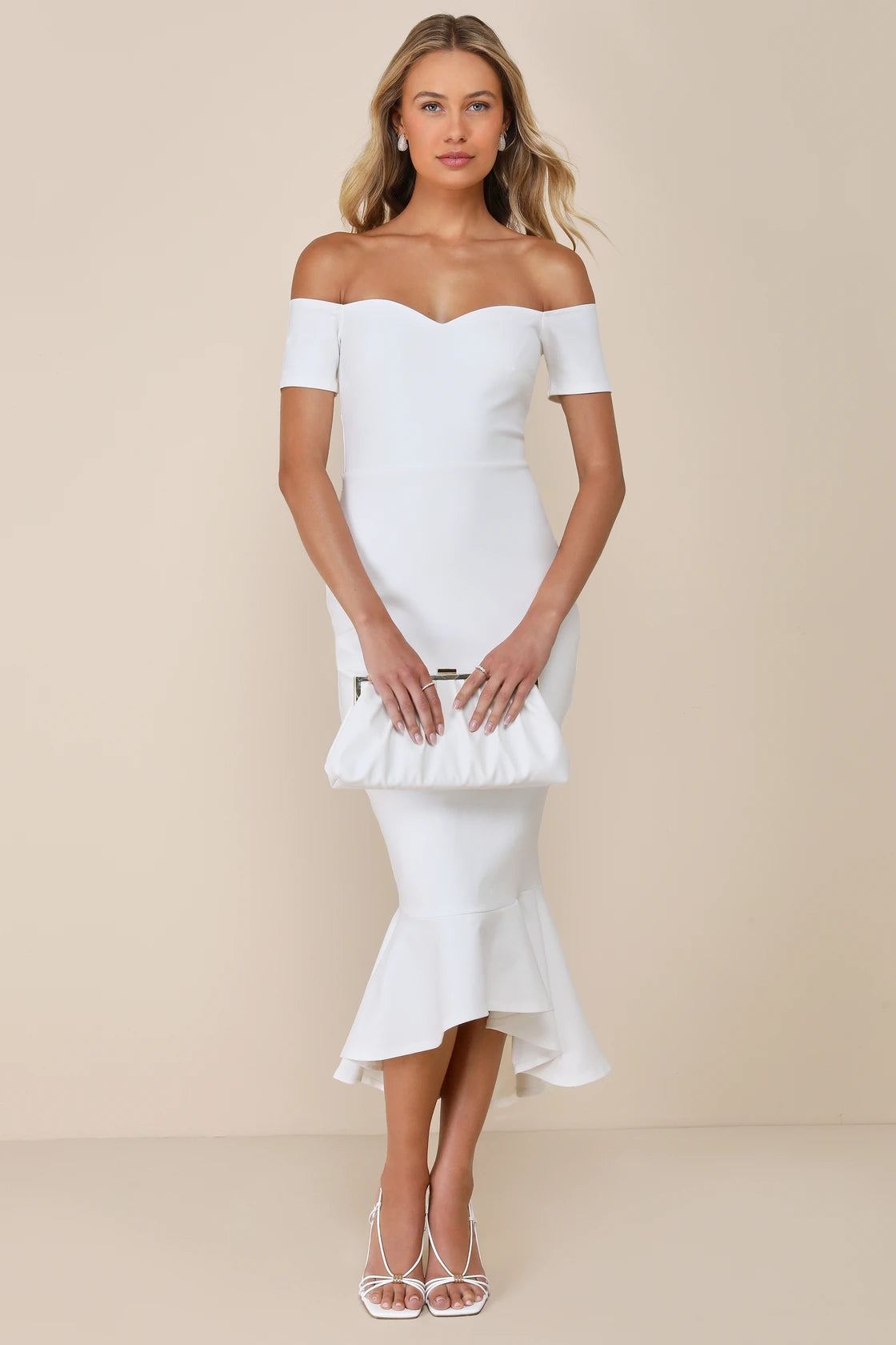 How Much I Care Ivory Off-the-Shoulder Midi Dress