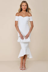 How Much I Care Ivory Off-the-Shoulder Midi Dress