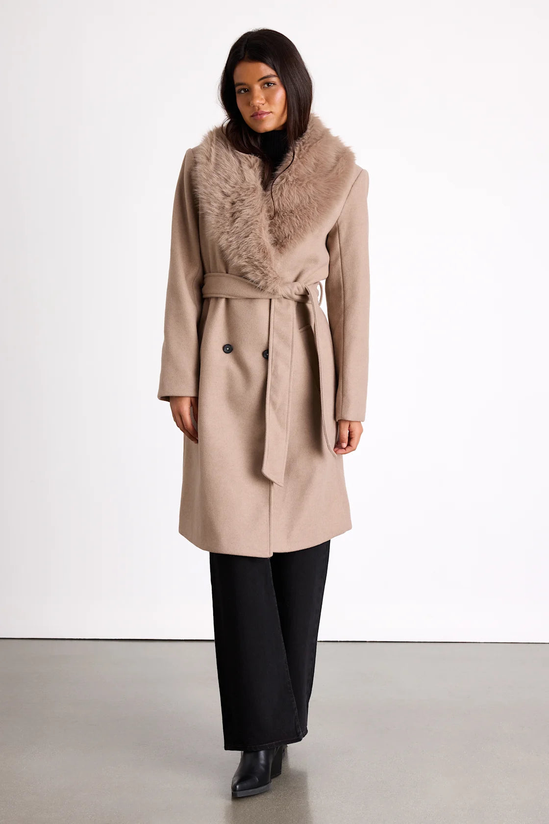Cantrell Taupe Double-Breasted Faux Fur Coat