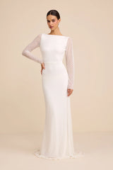 Mariani White Sequin Beaded Backless Long Sleeve Maxi Dress