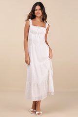 Nerissa White Eyelet Embroidered Ruffled Drop Waist Midi Dress