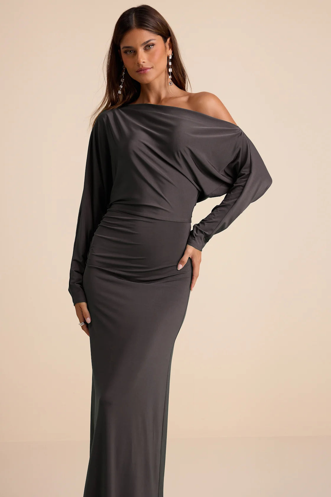 Valani Charcoal Jersey Knit Asymmetrical Long Sleeve Maxi Dress