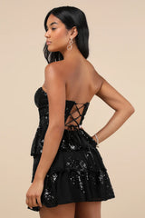 Definite Glamour Gold Mesh Sequin Bustier Tiered Mini Dress