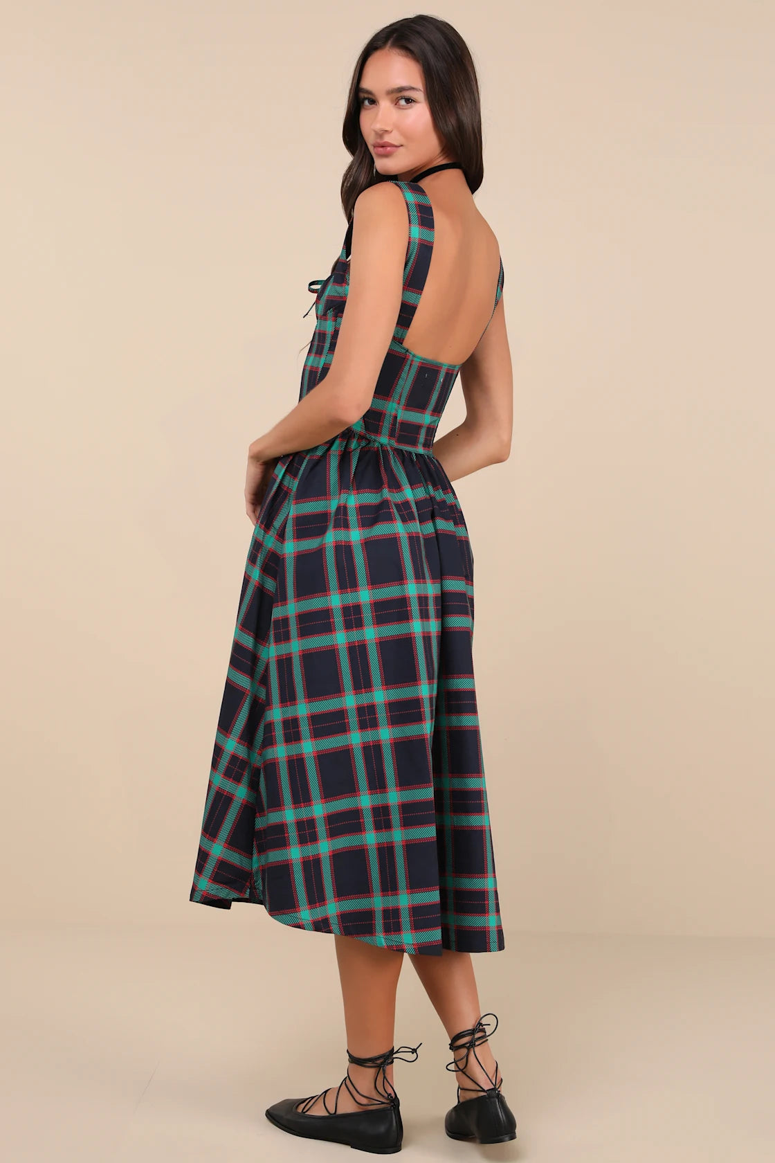 Dola Black Multi Plaid Sleeveless Bustier Midi Dress