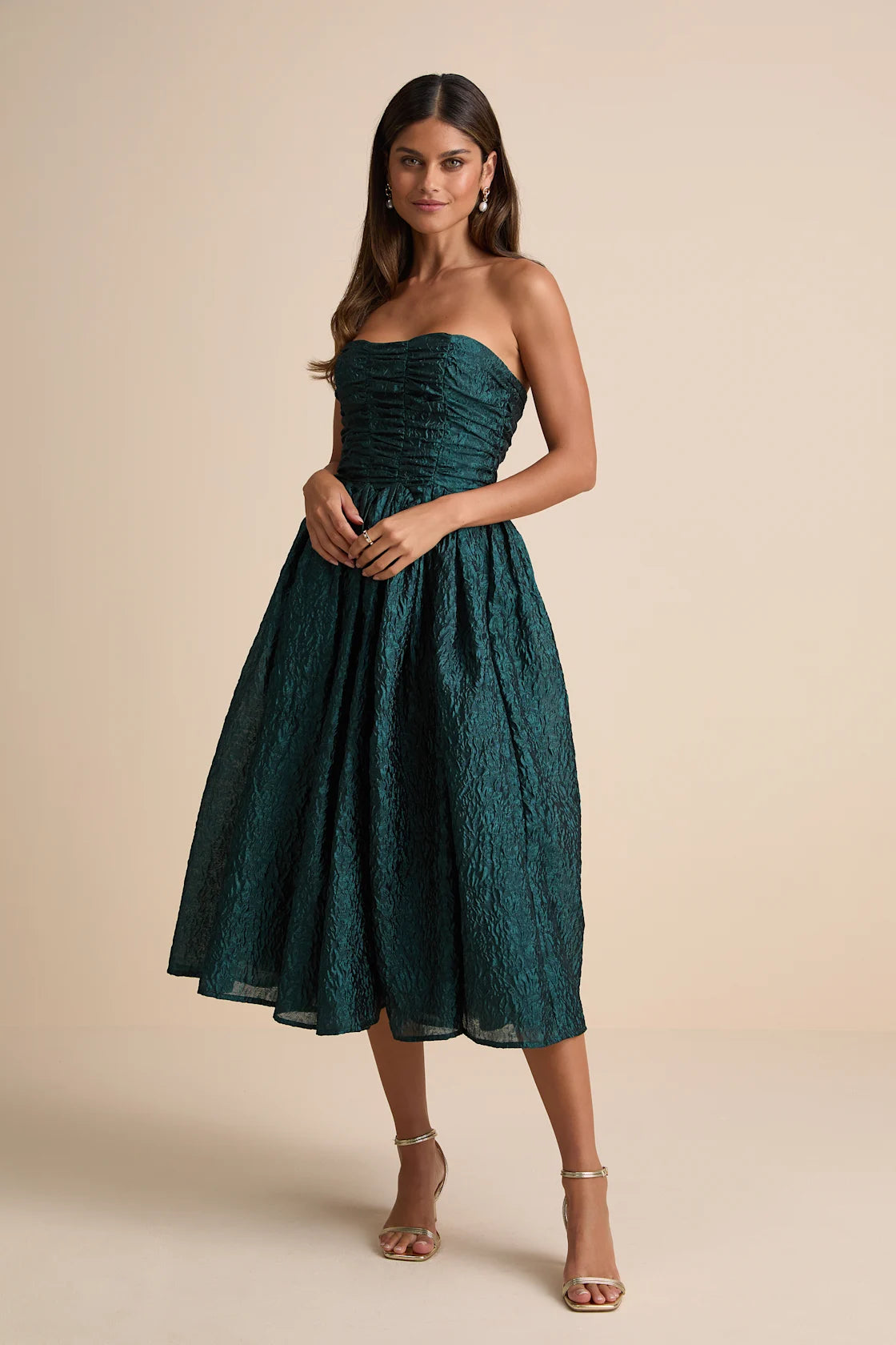 Analeia Dark Navy Jacquard Lace-Up Strapless Midi Dress