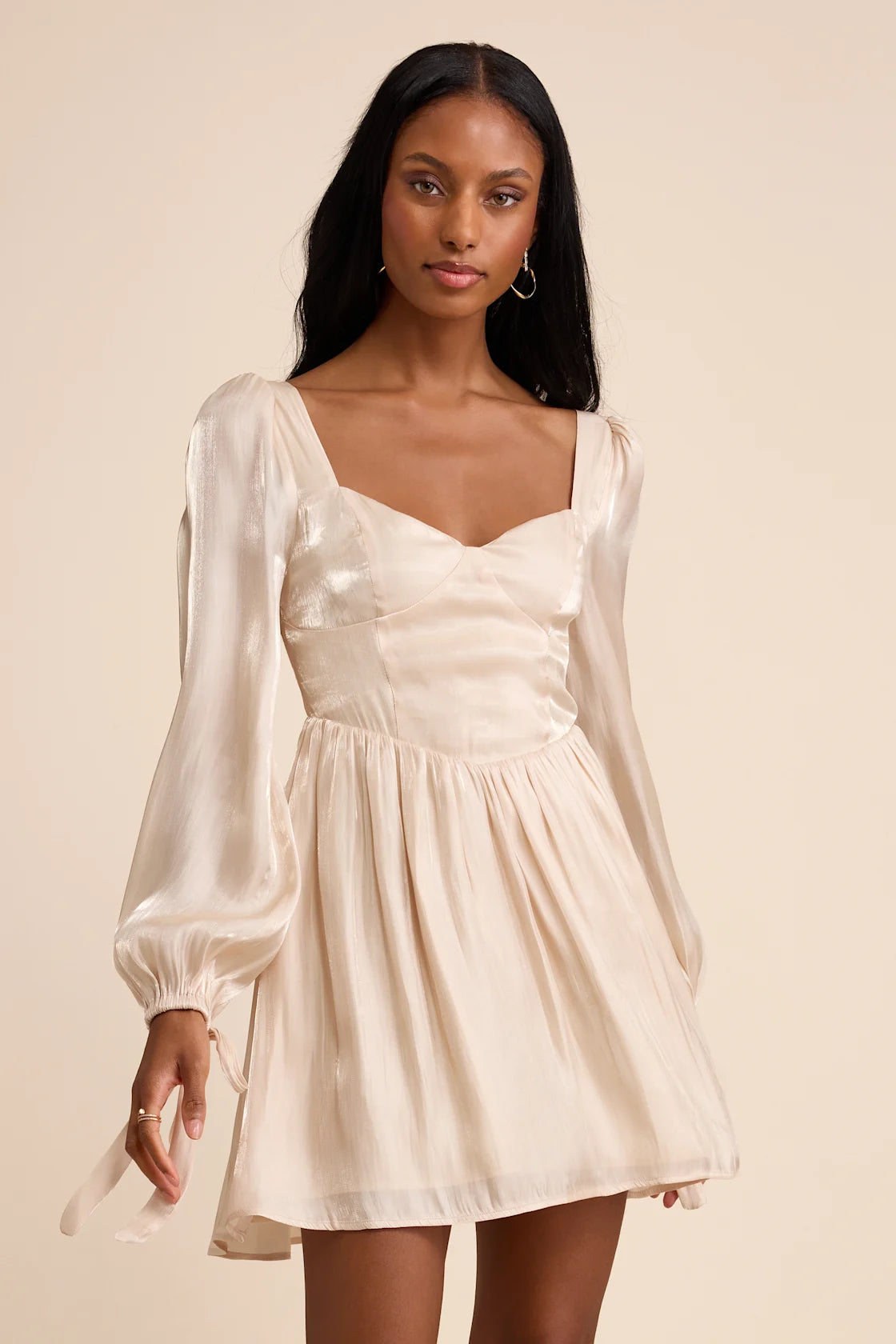 Lirenda Shiny Champagne Balloon Sleeve Tie-Back Mini Dress