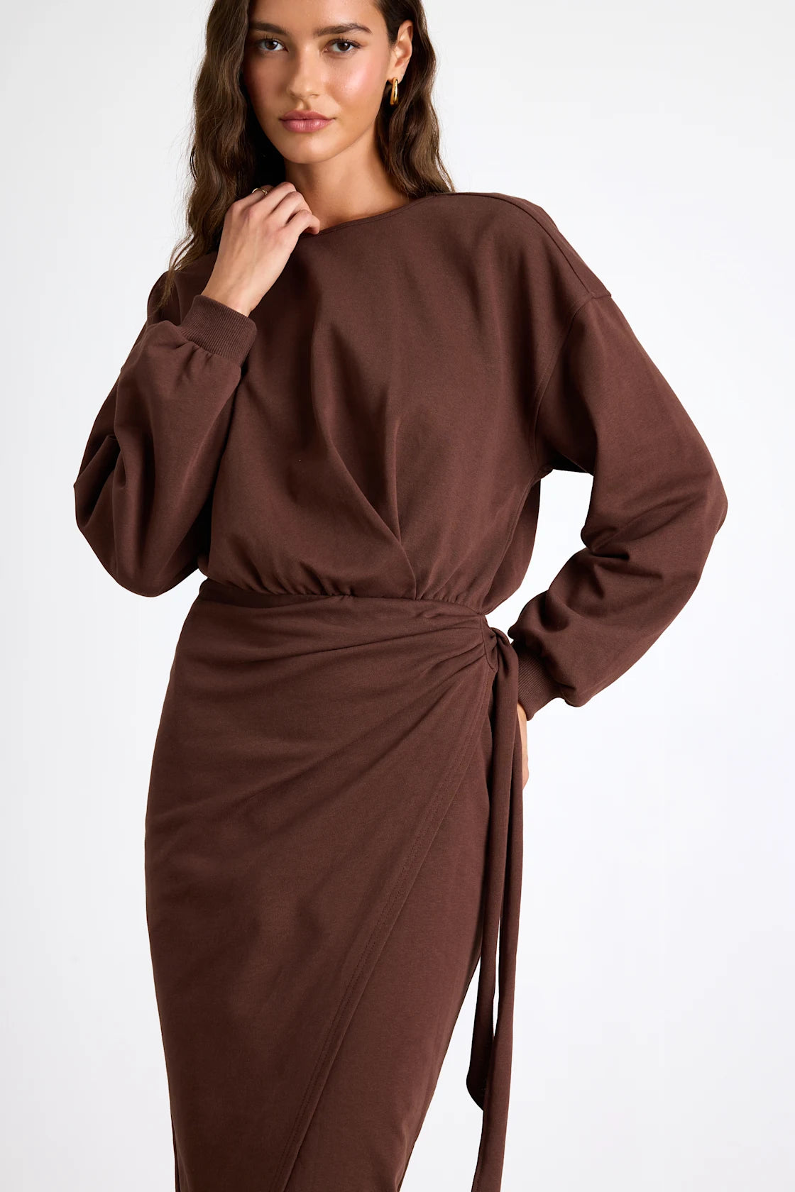 Eunia Charcoal Grey Jersey Knit Long Sleeve Wrap Midi Dress
