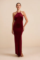 Emelina Wine Red Velvet Halter Maxi Dress