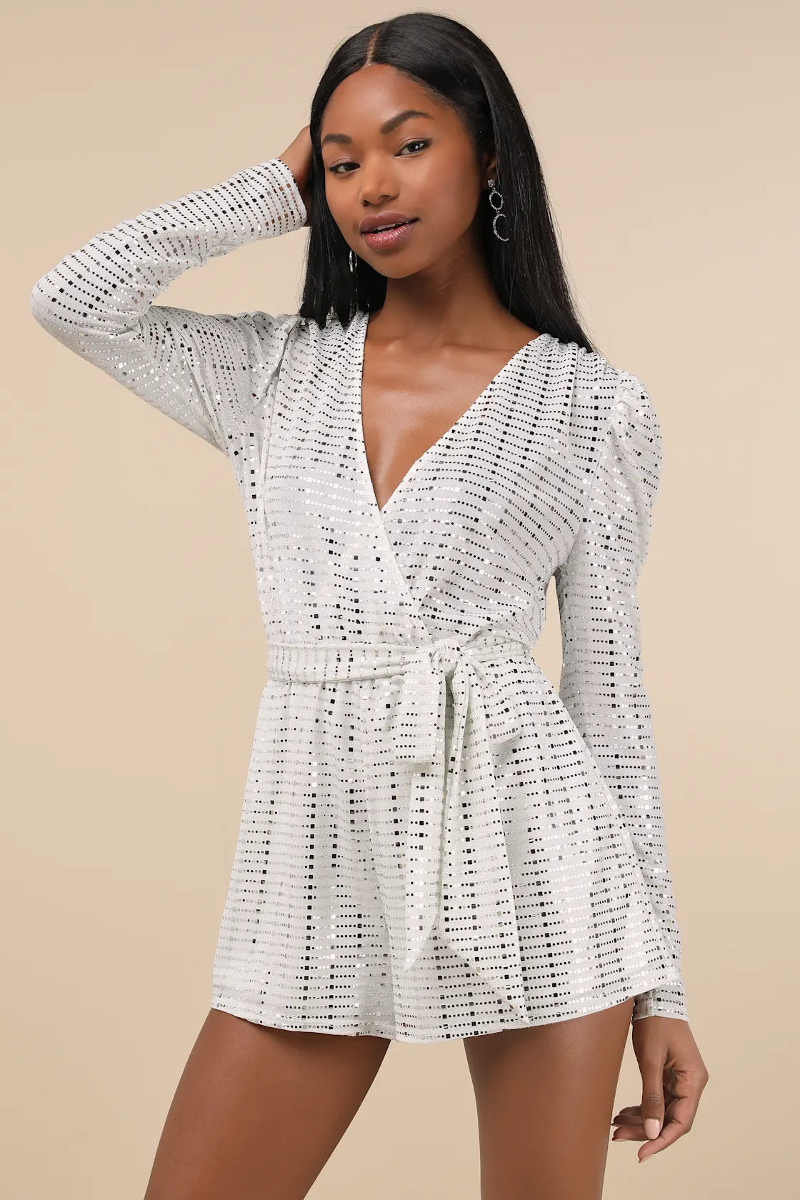 Bettie White Metallic Long Sleeve Romper