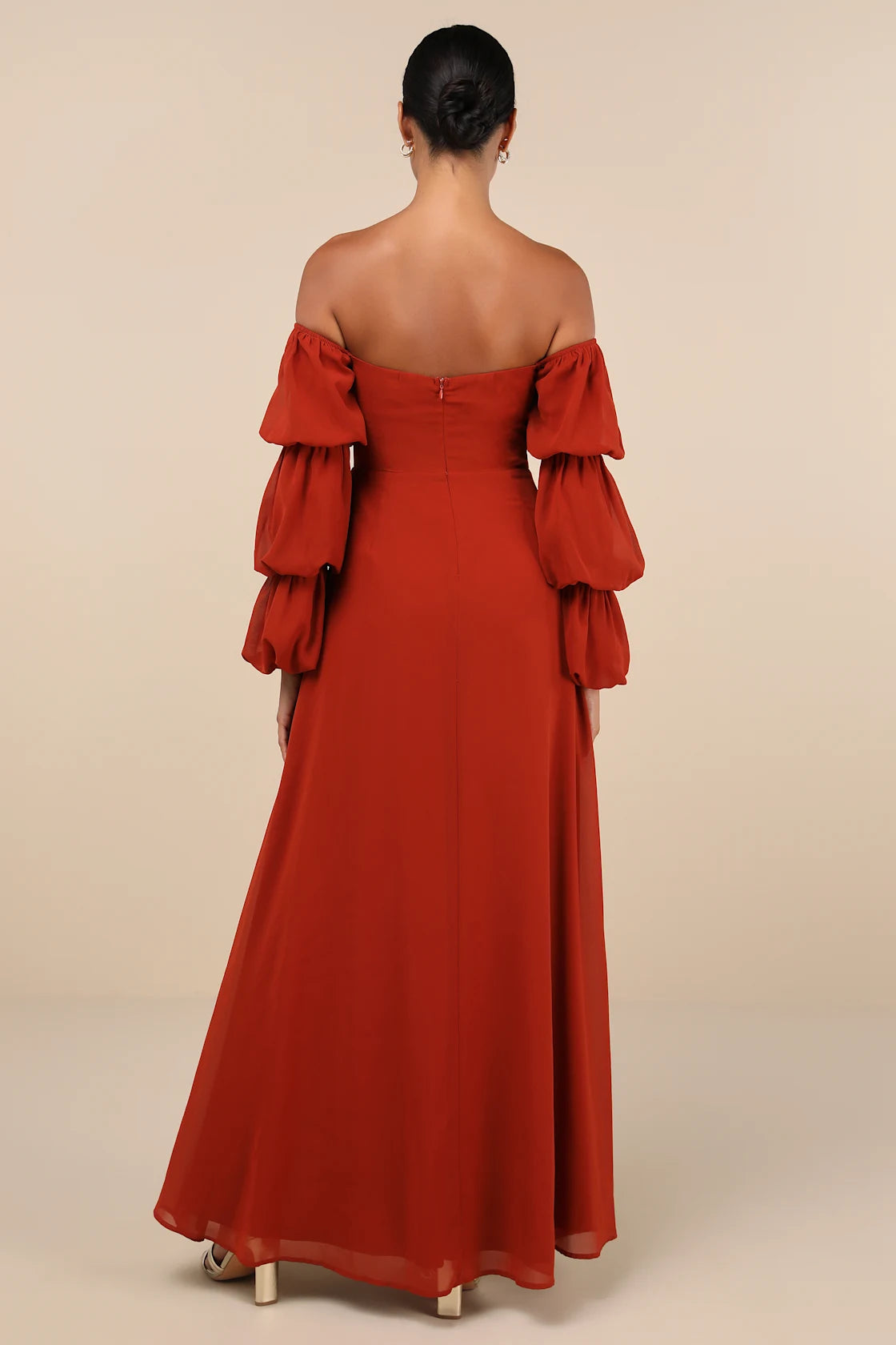 Demure Aura Rust Tiered Balloon Sleeve Off-the-Shoulder Dress