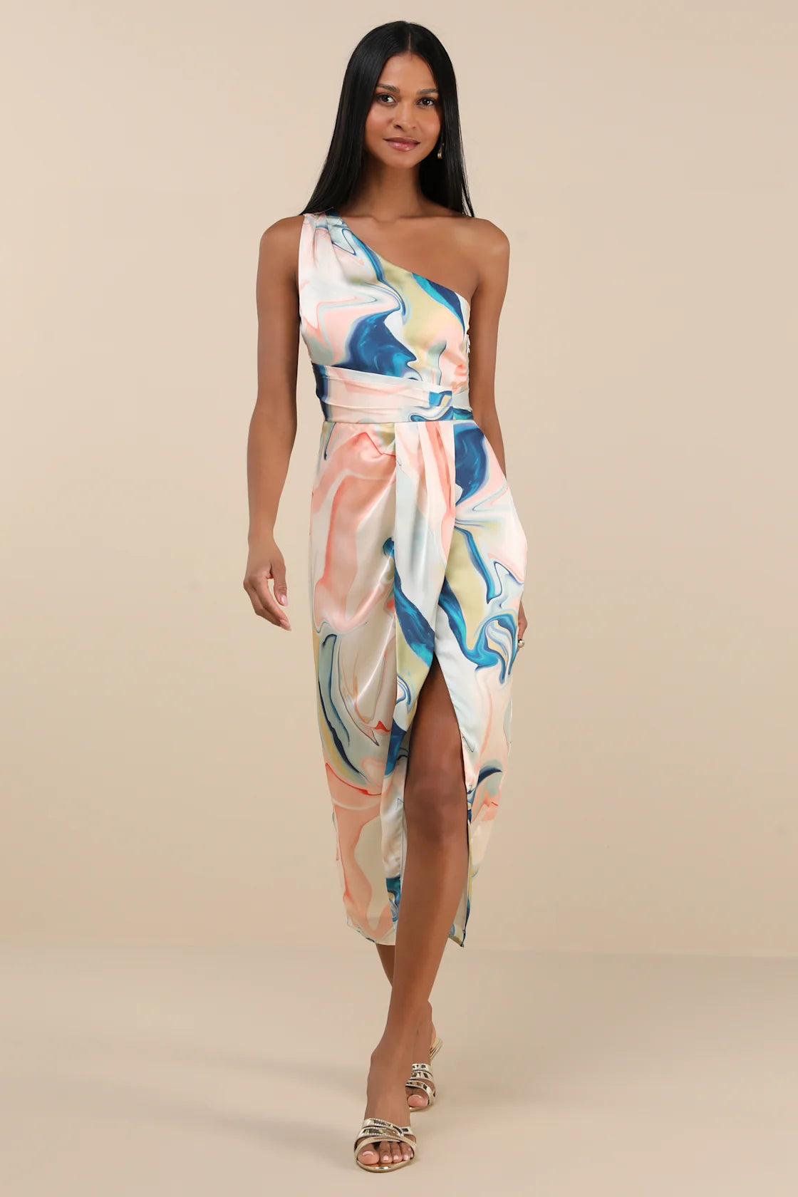 Rhema White Multi Abstract Print Satin Midi Dress