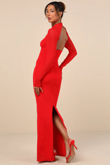 Sensational Appeal Red Mesh Cutout Long Sleeve Maxi Dress