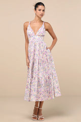 Brightly Blossoming Pink Multi Floral Tiered Midi Dress