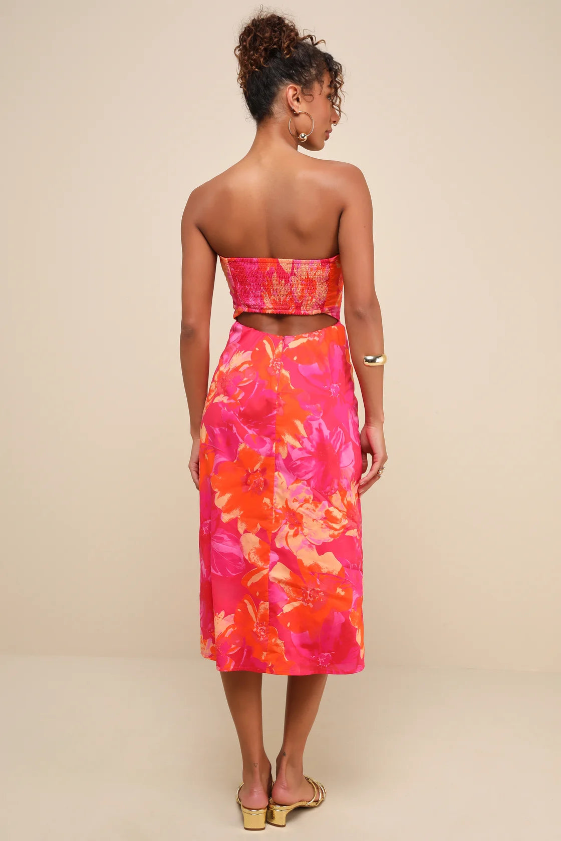 Bold Tendencies Fuchsia Floral Strapless Cutout Midi Dress