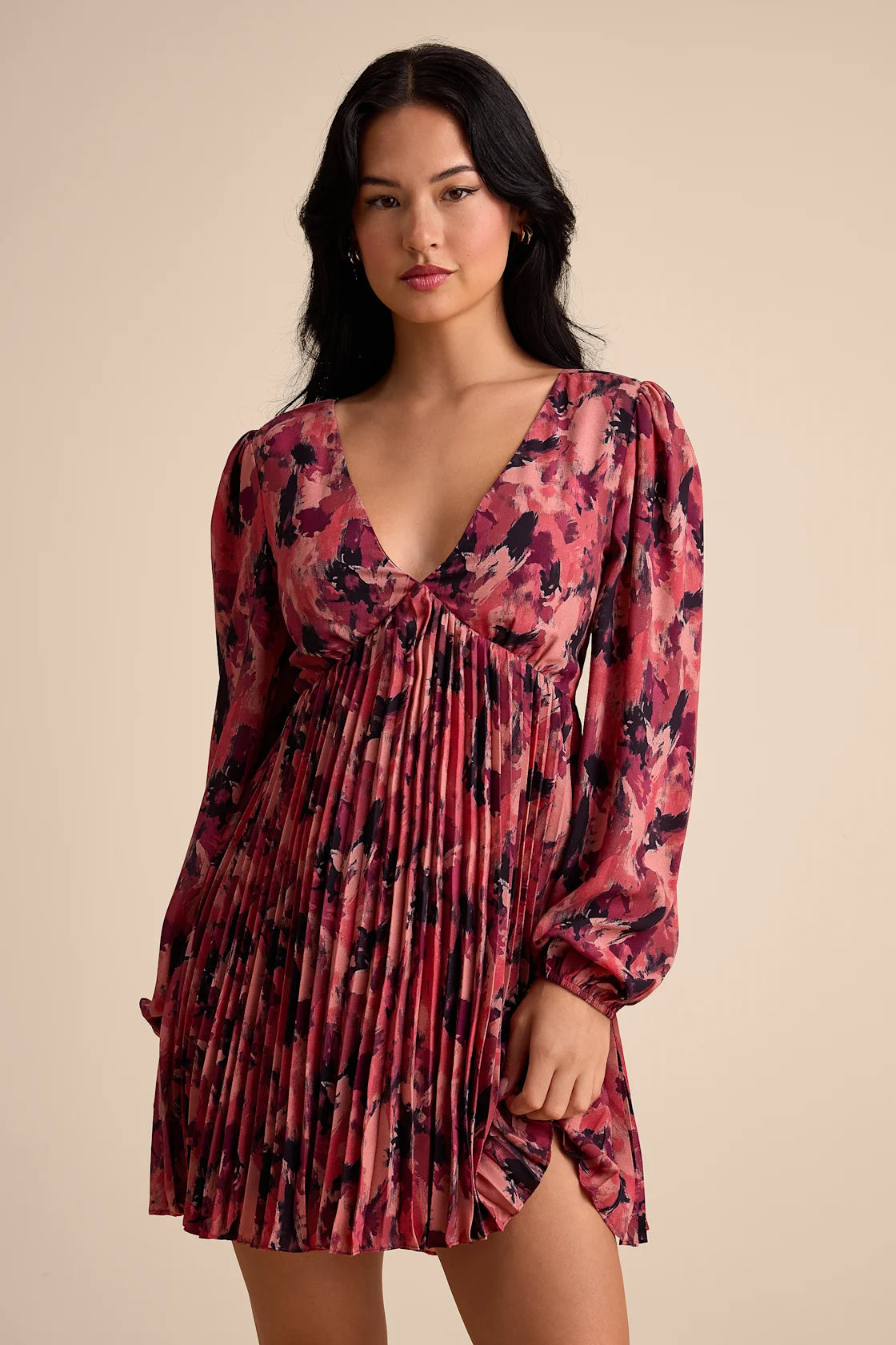 Lowri Pink Multi Abstract Long Sleeve Babydoll Mini Dress