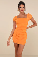 Sensational Instincts Orange Mesh Ruched Bodycon Mini Dress