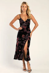 Divine Allure Black Floral Burnout Velvet Midi Dress