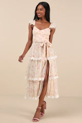 Dolora Blush Floral Bustier Tiered Midi Dress