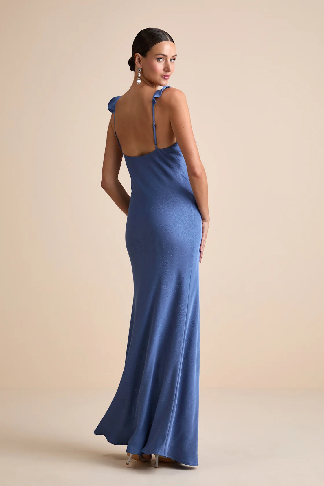 Angela Blue Satin Ruffed Slip Maxi Dress