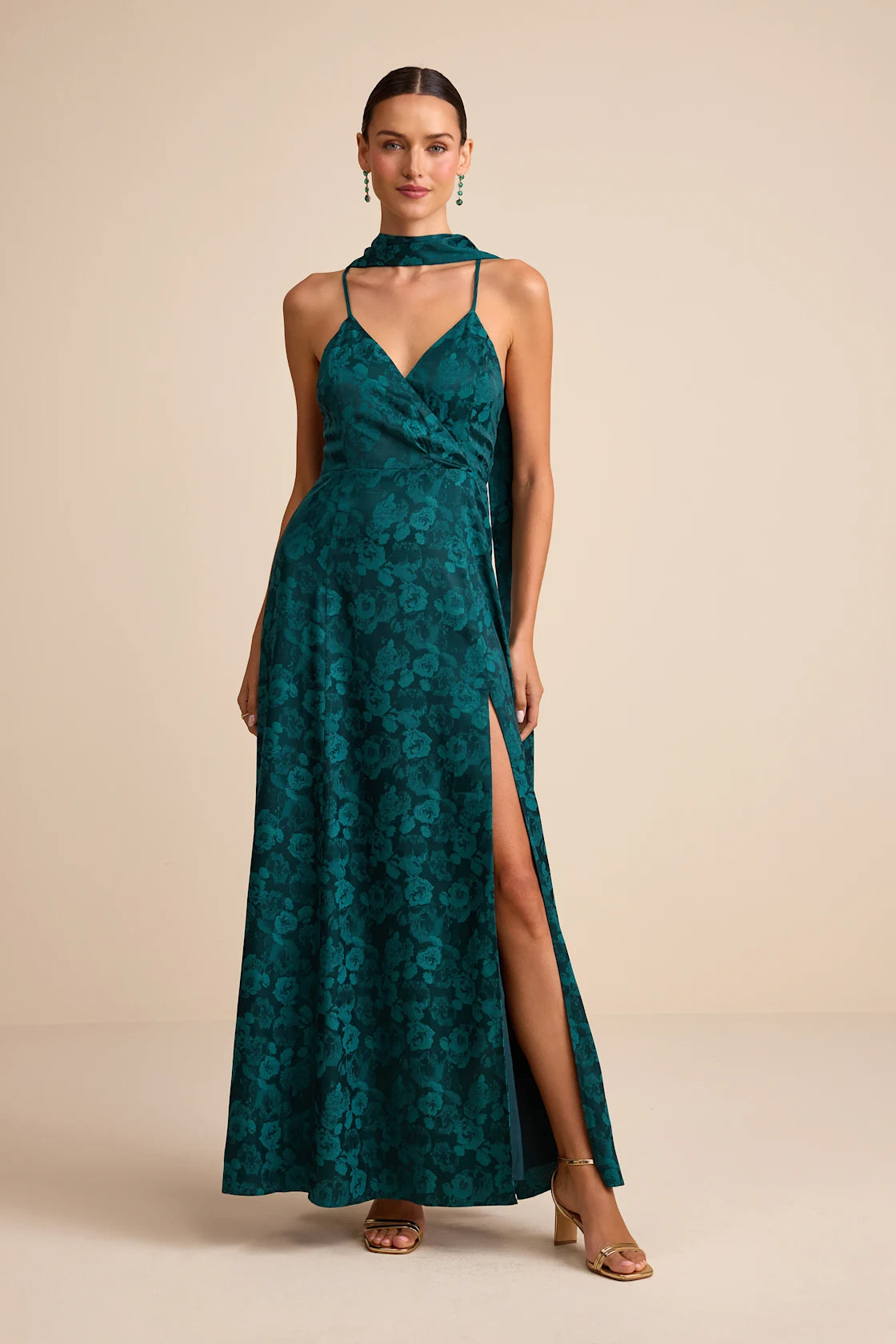Mahira Navy Satin Jacquard Surplice Sash Scarf Maxi Dress