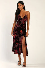 Divine Allure Black Floral Burnout Velvet Midi Dress