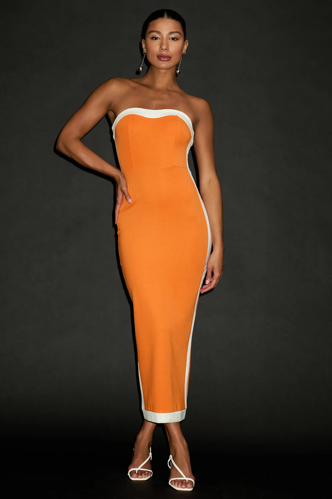 Impressive Edge Orange Color Block Strapless Midi Dress