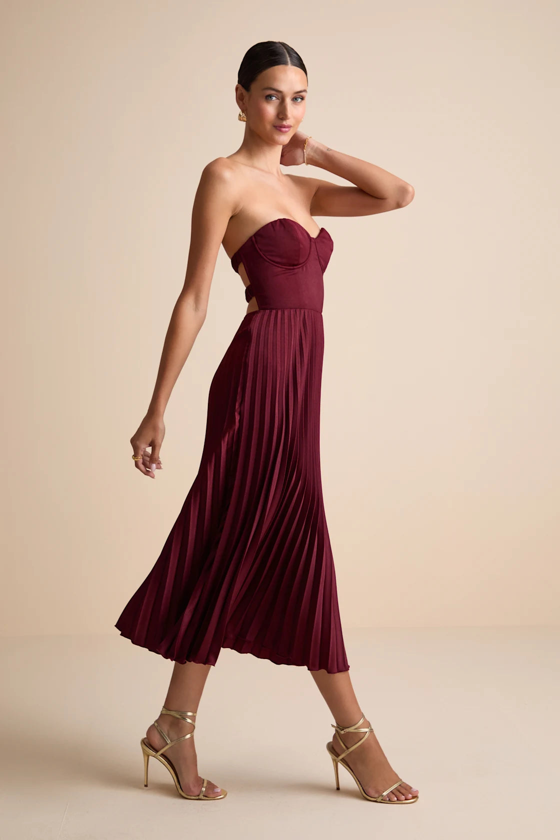 Irelyn Light Brown Satin Bustier Midi Dress