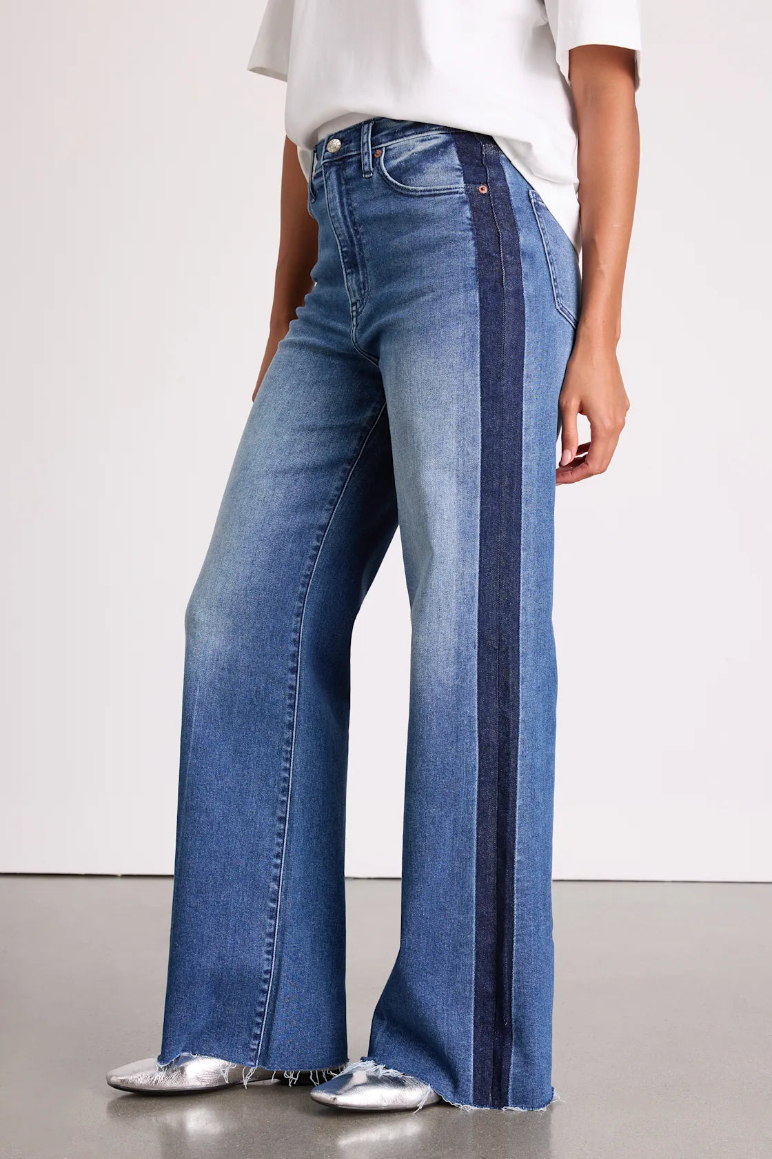 Far Out Medium Wash Striped Raw Hem Wide-Leg Jeans