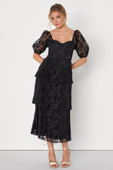 Posh Delight Black Floral Jacquard Pleated Midi Dress