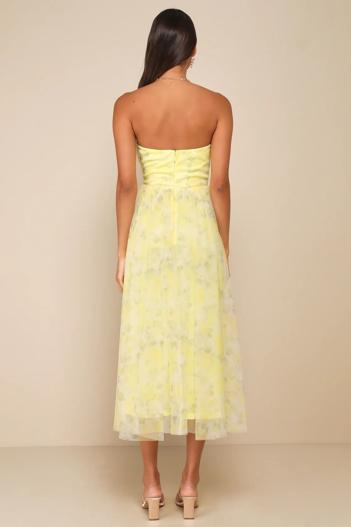 Perfect Whimsy Yellow Floral Mesh Strapless Midi Dress