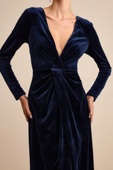 Angelina Navy Velvet Twist-Front Maxi Dress