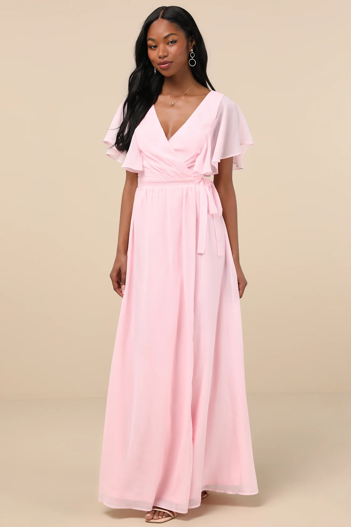 Convincing Grace Light Blush Flutter Sleeve Wrap Maxi Dress