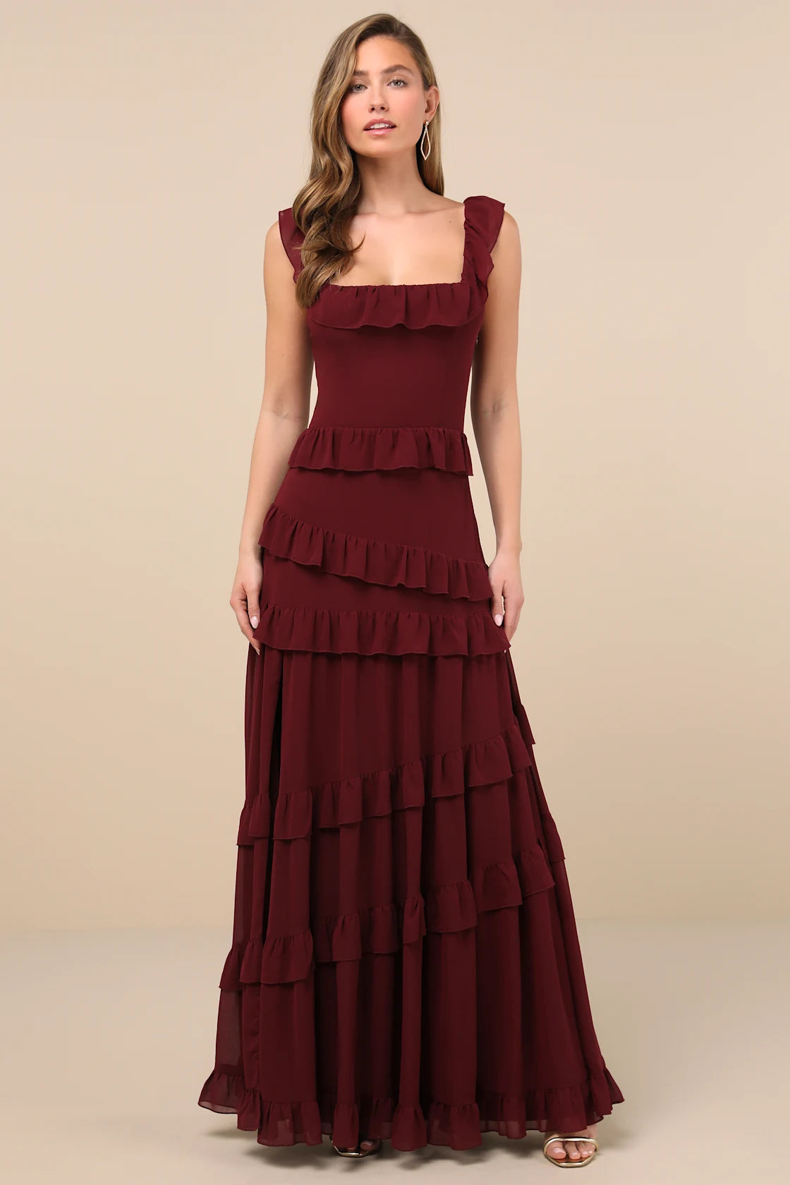 Compelling Romantic Dark Green Ruffled Tiered Maxi Dres