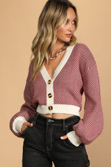 Here Comes a Holiday Red and White Striped Button-Up Cardigan