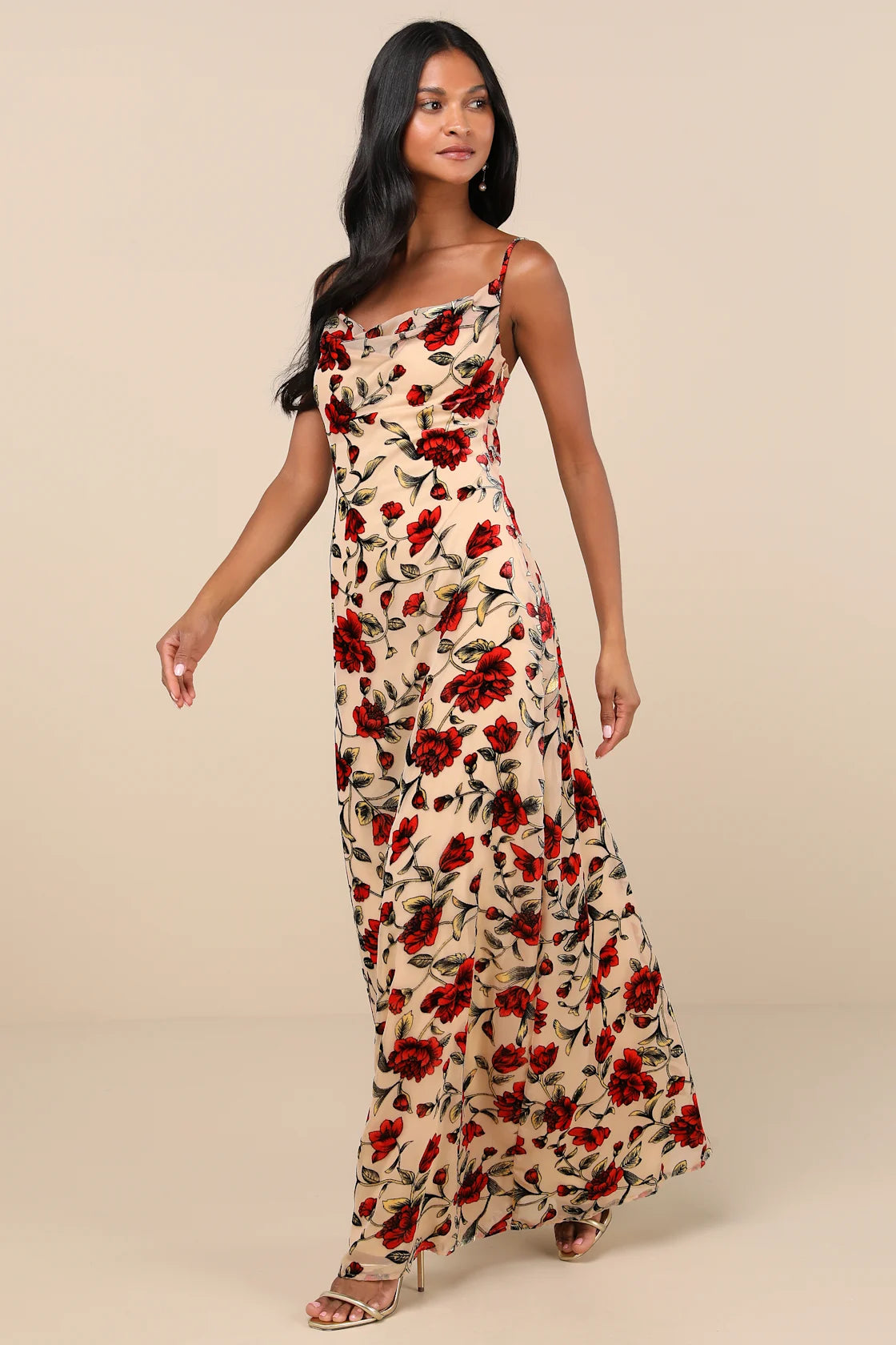 Romance in the Making Beige Floral Print Velvet Maxi Dress
