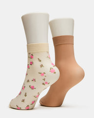 2 FLOWER PACK SHEER ANKLET SOCKS VANILLA