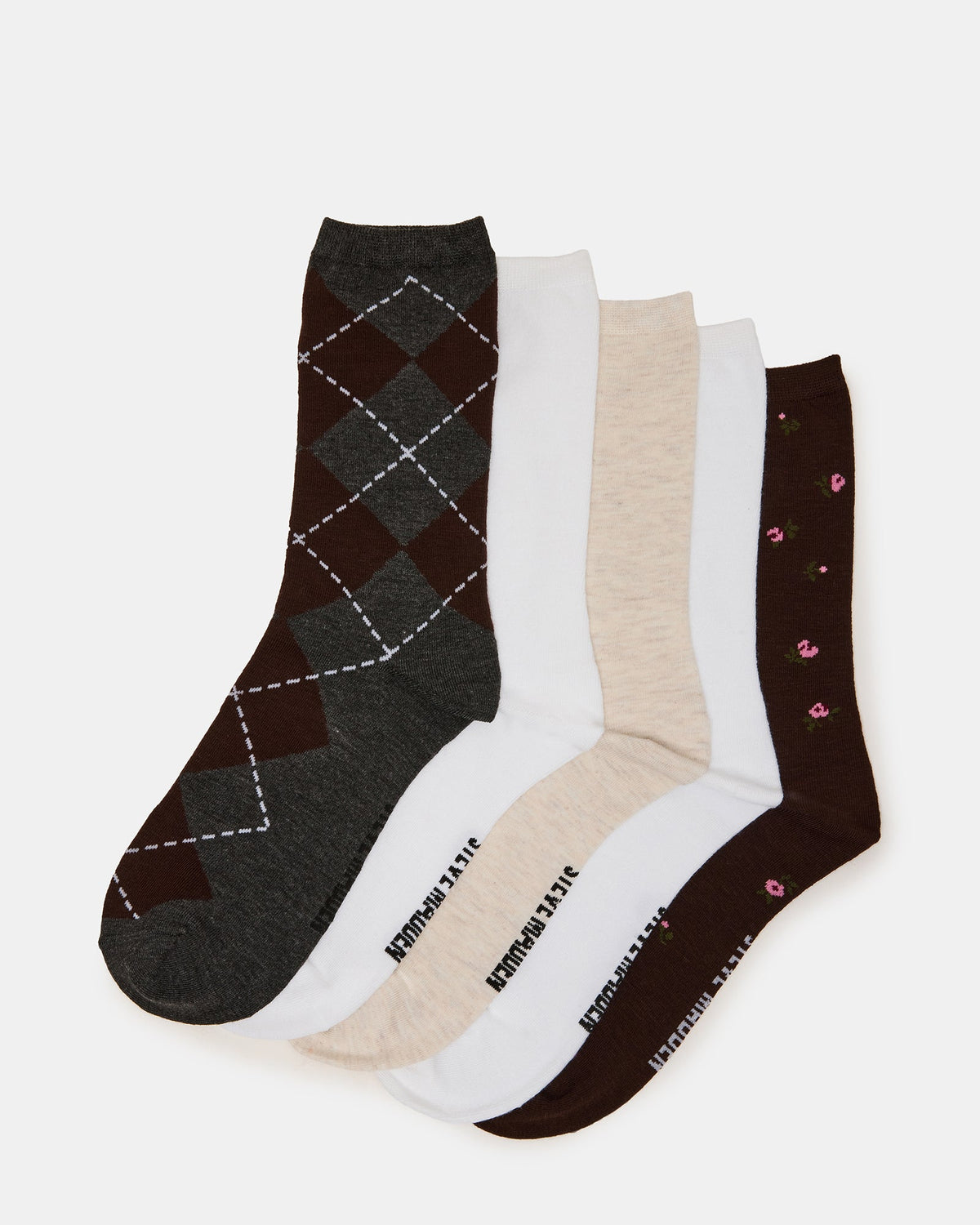 5 PACK ARGYLE DITSY FLORAL CREW SOCKS CHARCOAL MULTI