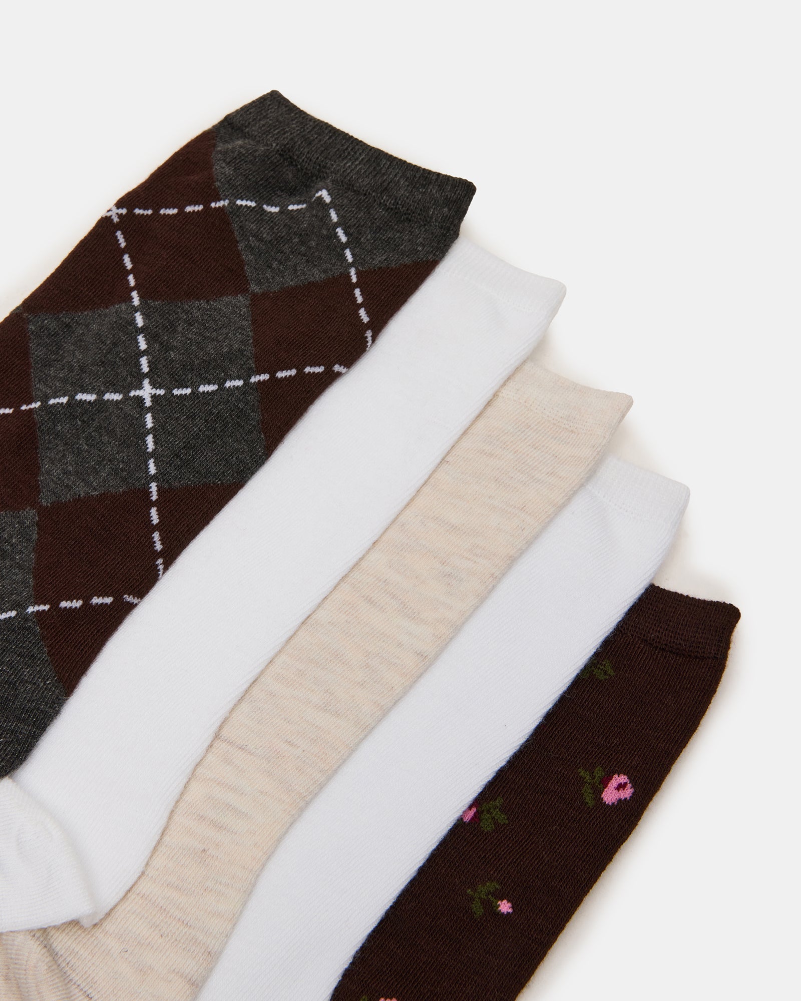 5 PACK ARGYLE DITSY FLORAL CREW SOCKS CHARCOAL MULTI