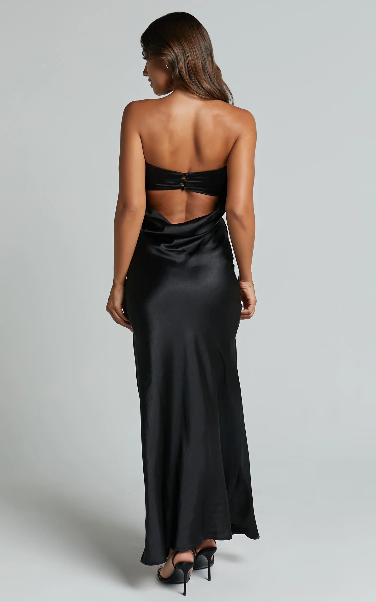 Charlita Maxi Dress - Strapless Cowl Back Satin Dress in Black