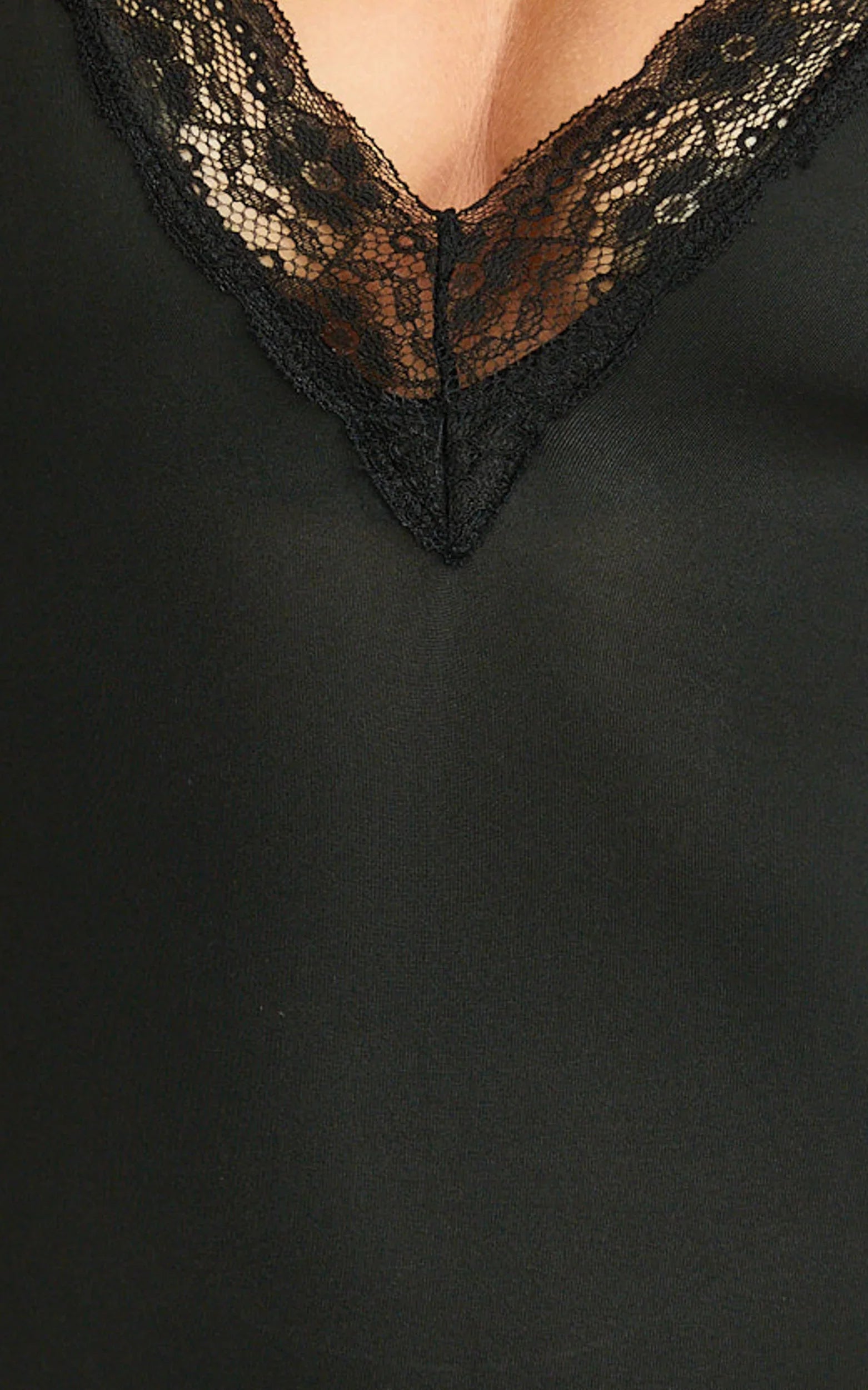 Amelie Bodysuit - Lace Trim V Neck Bodysuit with Shelf Bra in Black