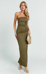 Jamie Maxi Dress - Strapless Ruched Fitted Column Dress in Olive