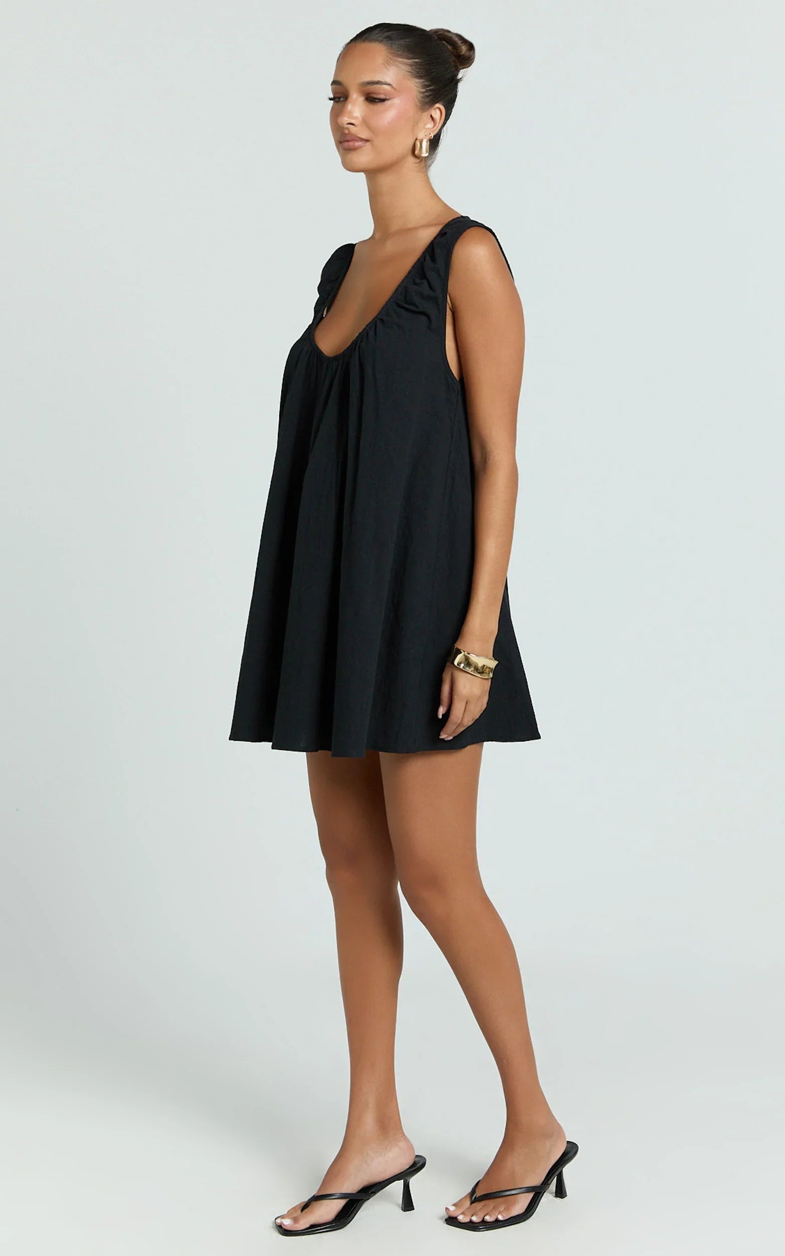 Lucinda Mini Dress - Deep U Gathered Neck Smock Dress in Black