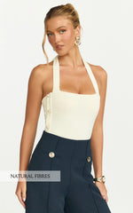 Julie Top - Tie Halter Button Detail Top in Ivory