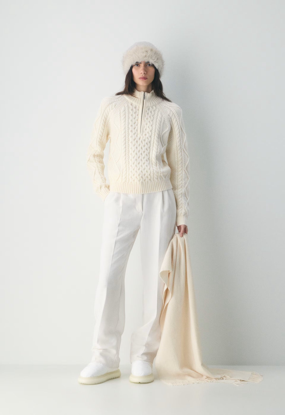 Cable Knit Merino Wool Mastery 1/4 Zip - WHISPER WHITE