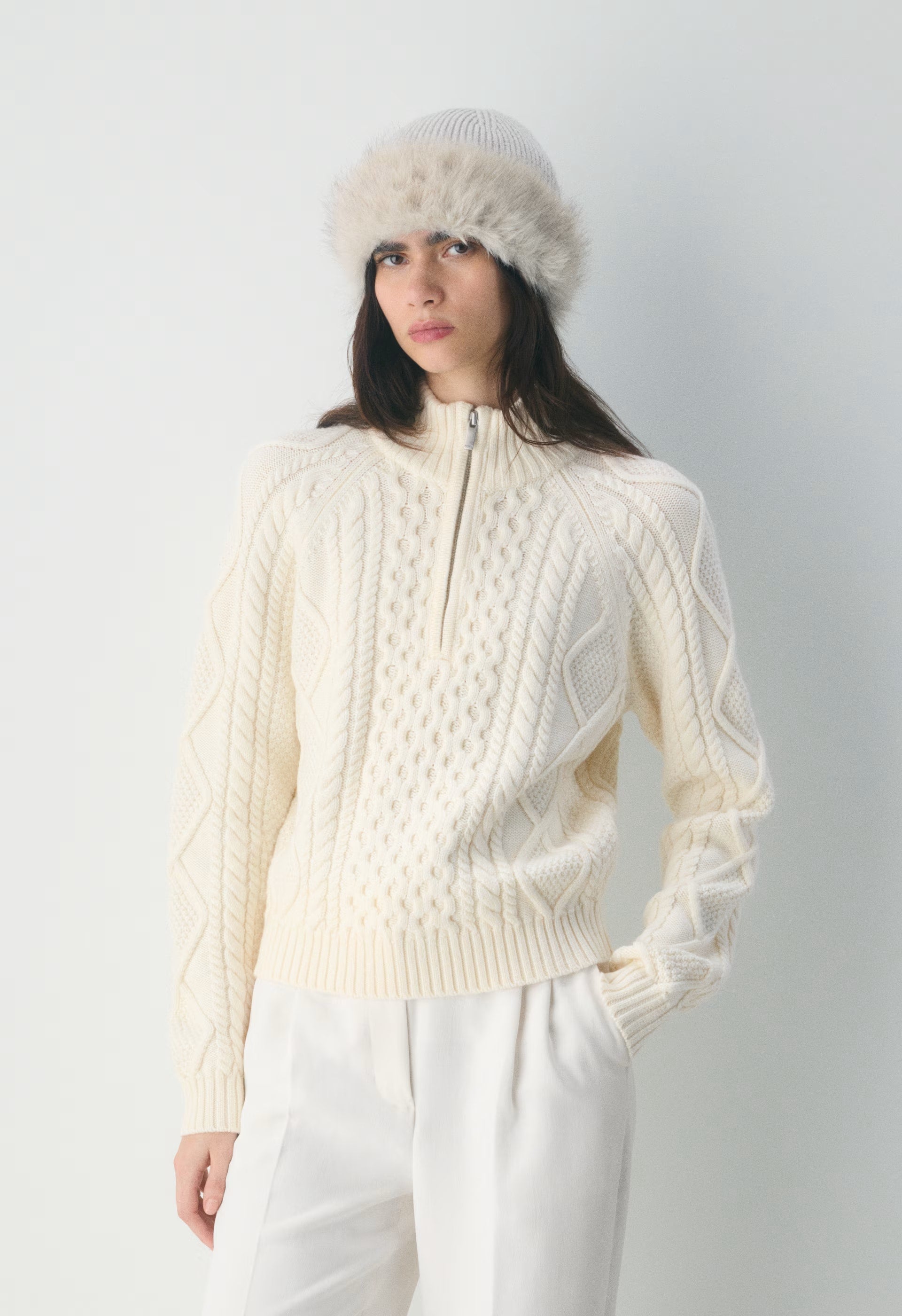 Cable Knit Merino Wool Mastery 1/4 Zip - WHISPER WHITE