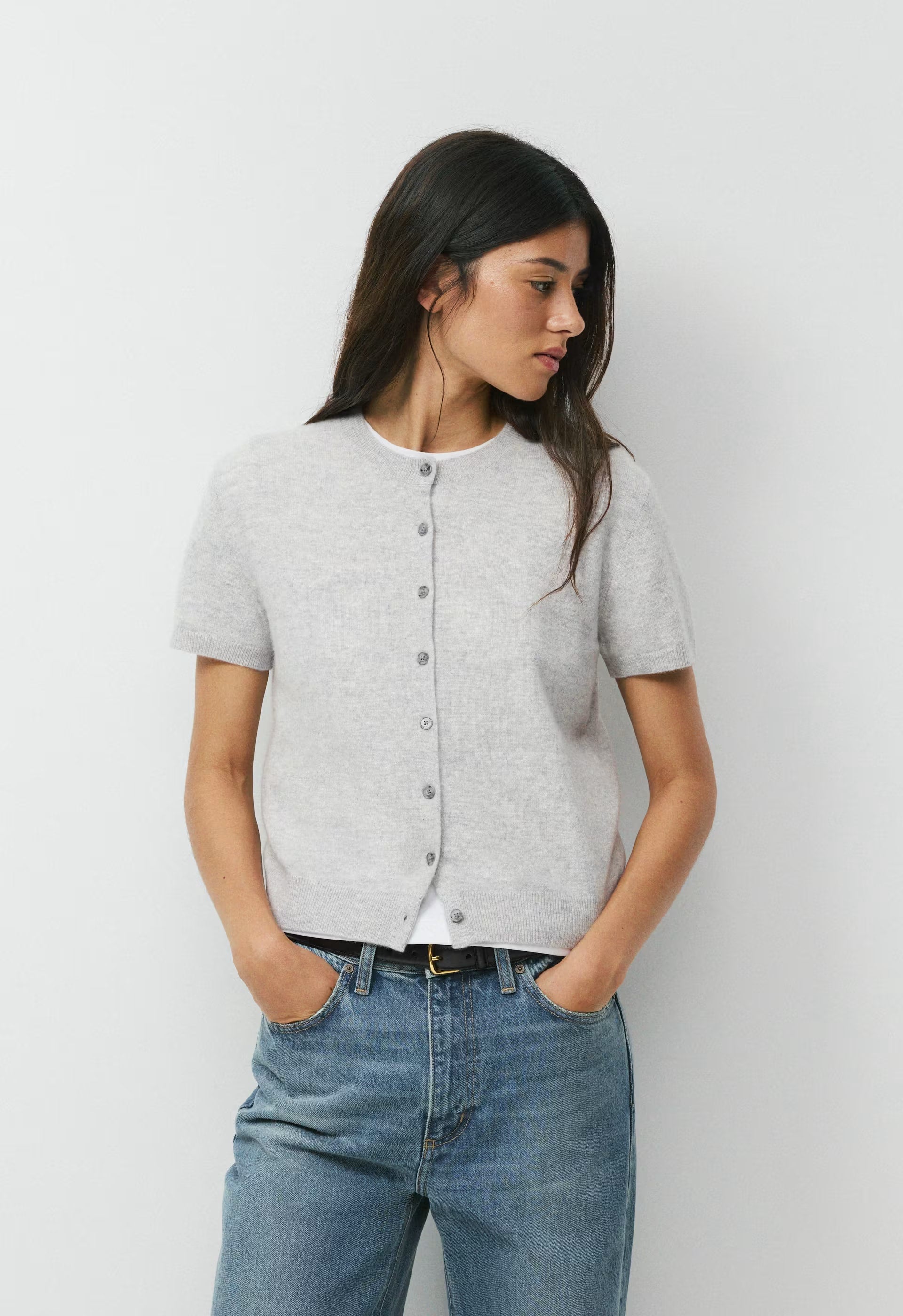 Bare Cashmere Noteworthy Shortsleeve Cardigan - HEATHER CHROME