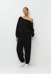 Cozy Sweatfleece BF Off-Shoulder Sweatshirt - BLACK